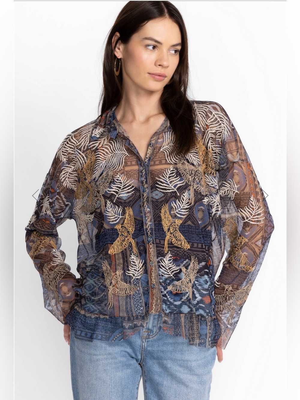 Johnny Was Sheer Embroidered Button-Down Shirt in Navy, Gold & Cream